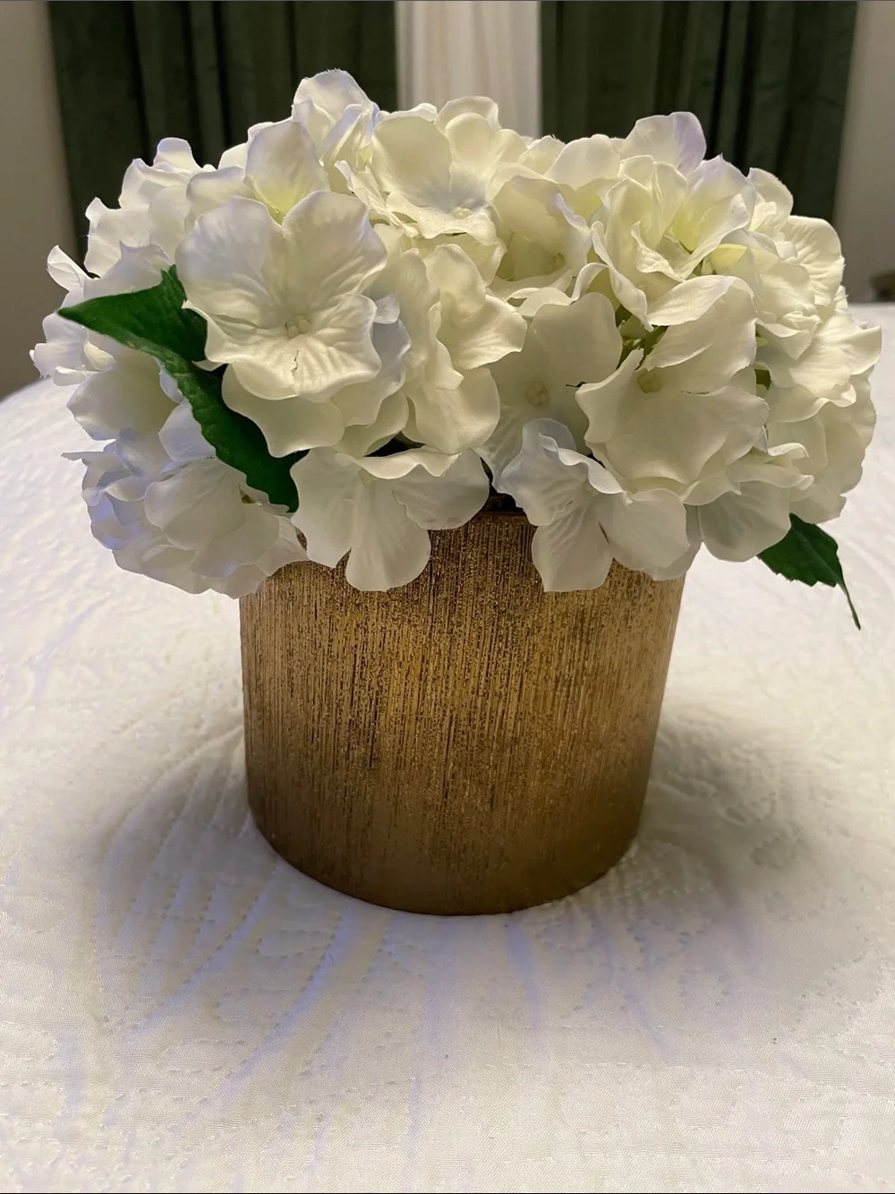 Elegant Faux Artificial White Hydrangeas Arrangement with Gold Color Pot Vase